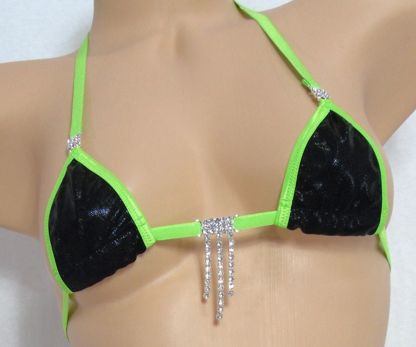 Mini Micro G-String Bikini with RHINESTONES! Black Mystique trimmed in Green S/M - Image 2