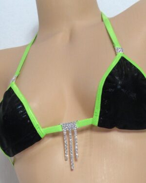Micro G-String Bikini with RHINESTONES! Black Mystique trimmed in Green S/M