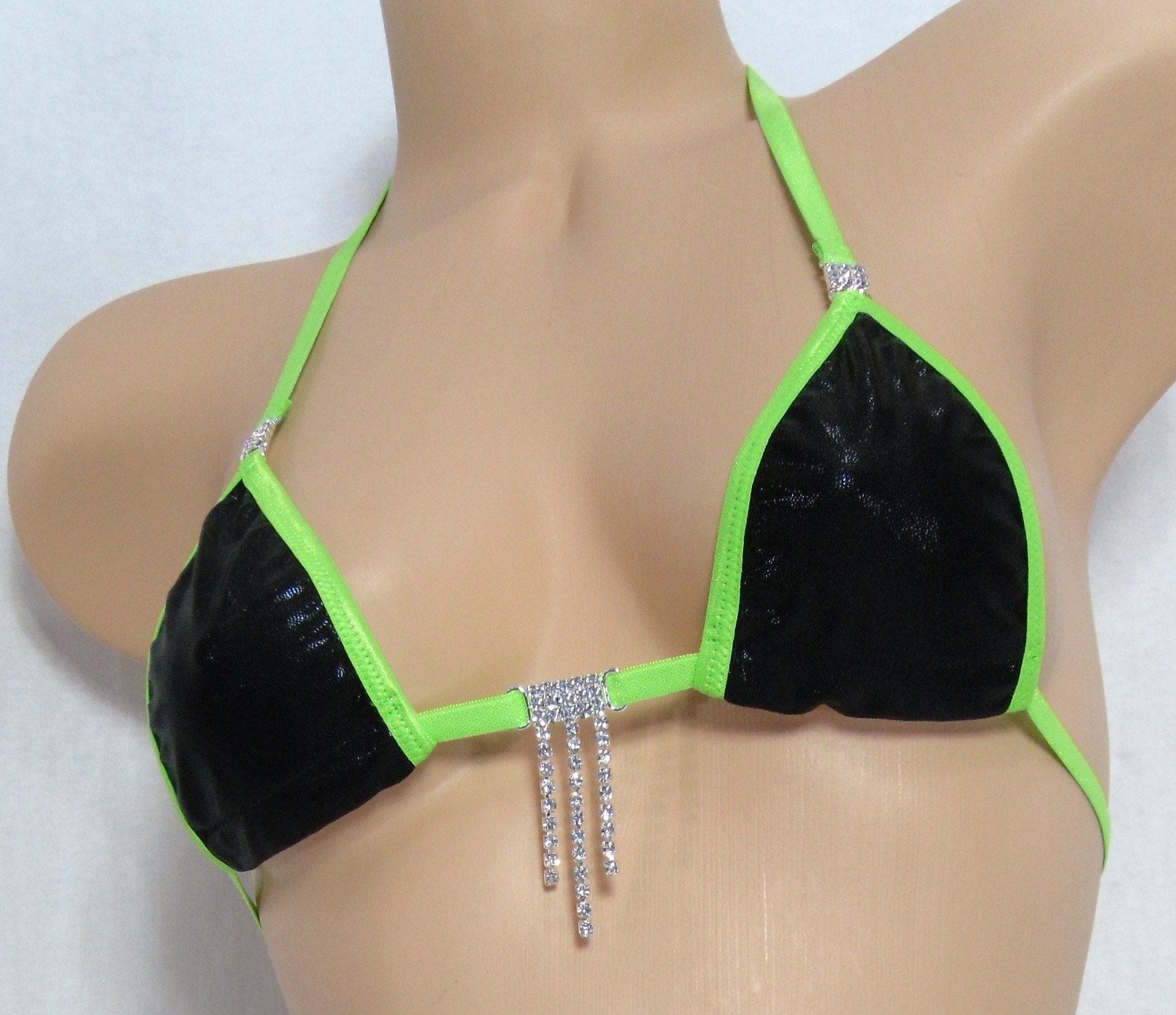 Micro G-String Bikini with RHINESTONES! Black Mystique trimmed in Green S/M