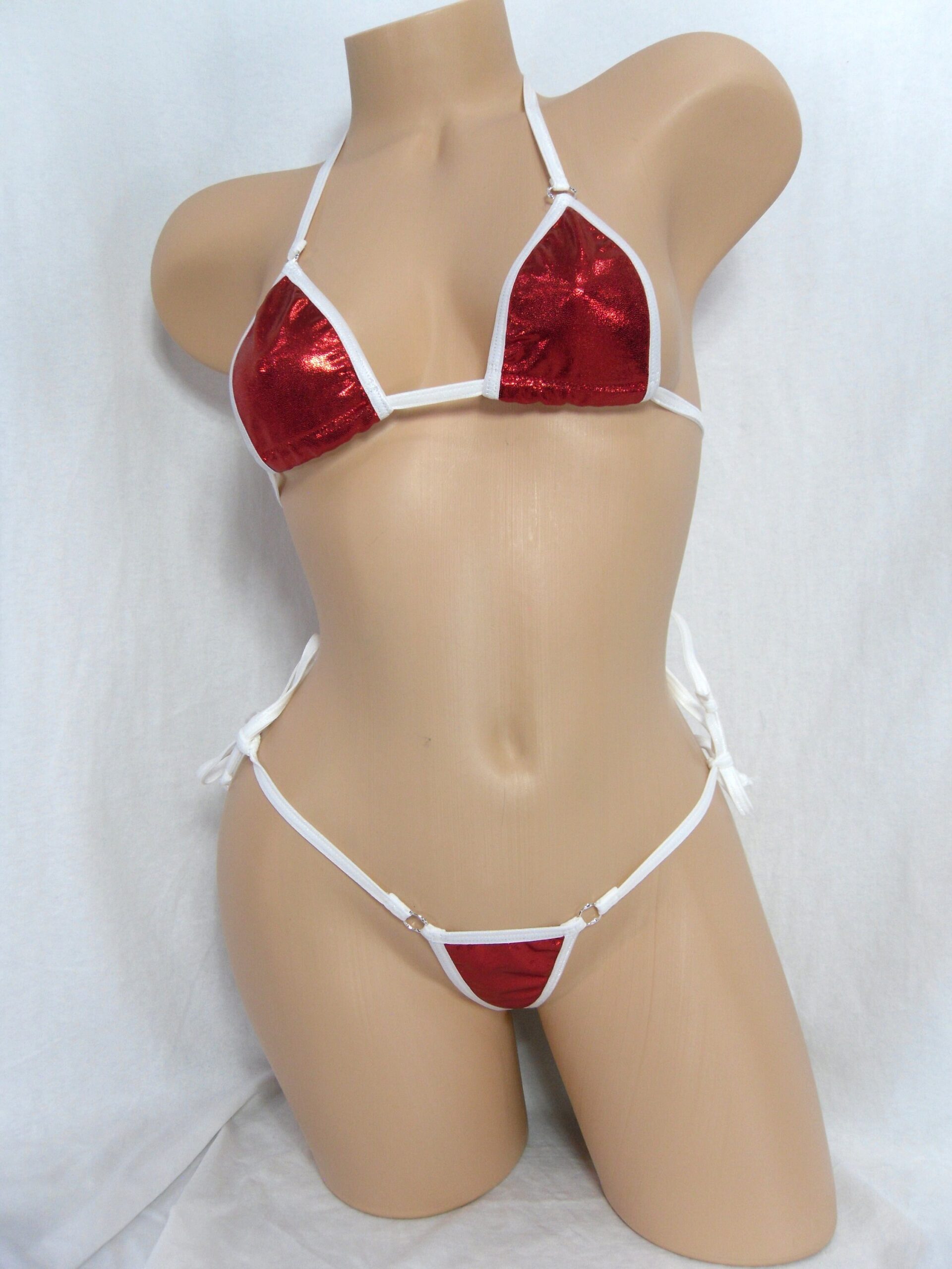 Micro Bikini-CHOICE of Bottom- Red Mystique Spandex-White Trim- S/M - Image 2