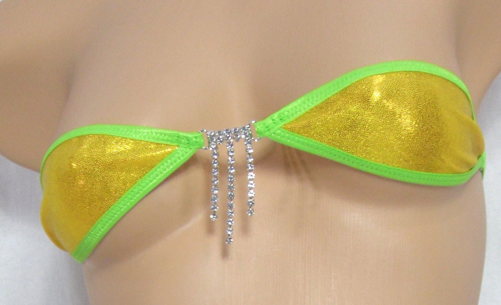 Bandeau Bikini w/G-String RHINESTONES! Yellow Gold Mystique with Green trim S/M - Image 3