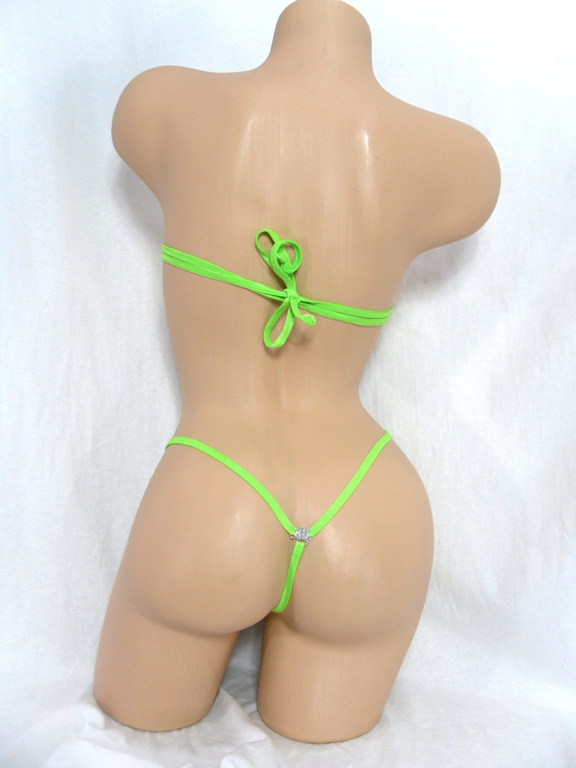 Bandeau Bikini w/G-String RHINESTONES! Yellow Gold Mystique with Green trim S/M - Image 4