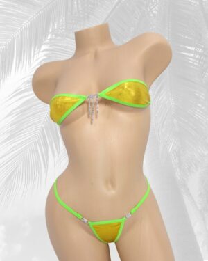 Bandeau Bikini w/G-String RHINESTONES!  Yellow Gold Mystique with Green trim S/M
