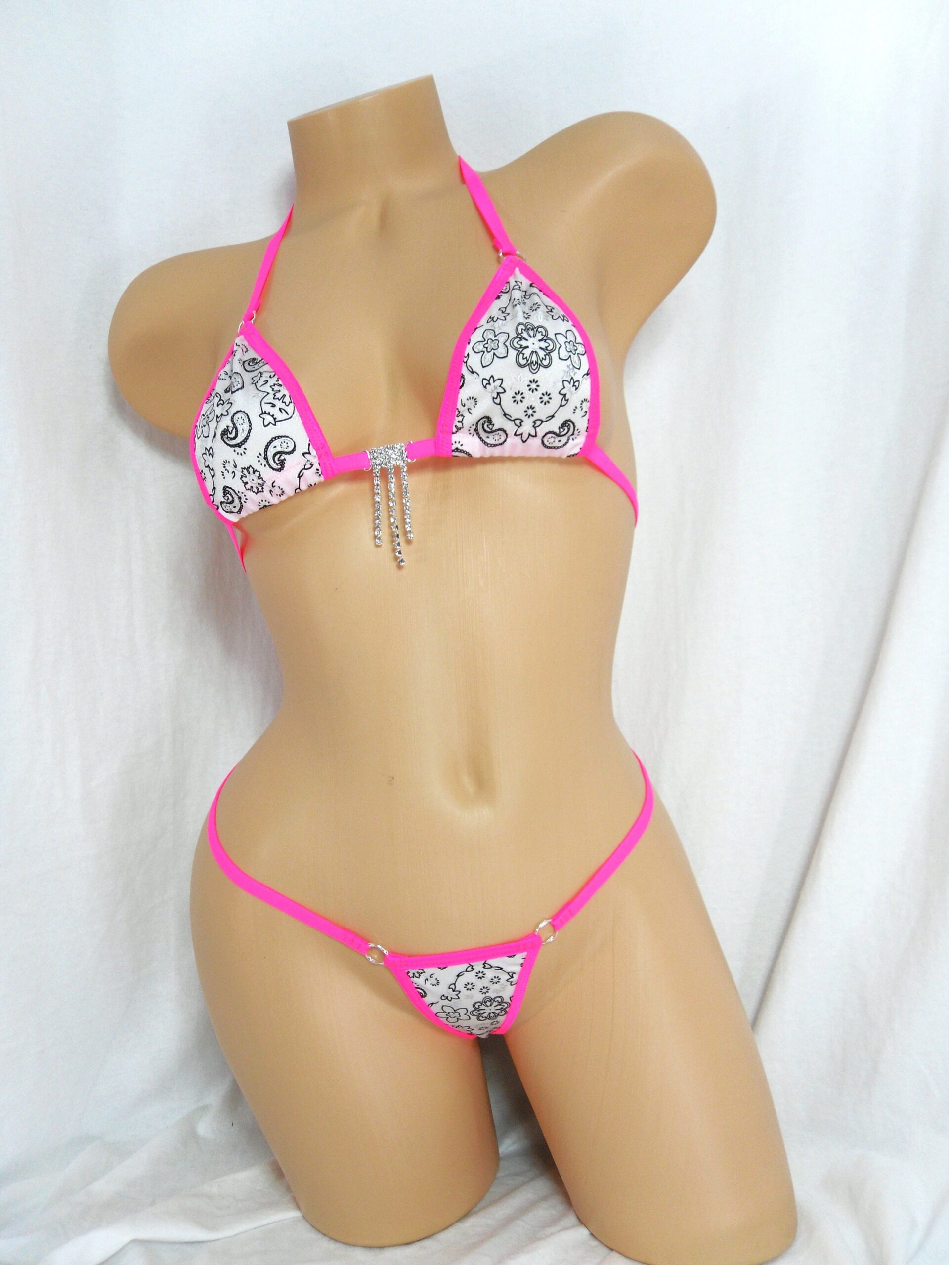 Micro G-String Bikini-White Bandana with Hot Pink Trim-S/M - Image 2
