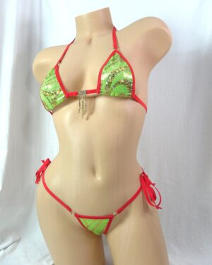 Micro Bikini -Choice of Bottom-Gold Paisley Holographic Foil on Lime Mystique-Red Trim w/ a Rhinestones- S/M