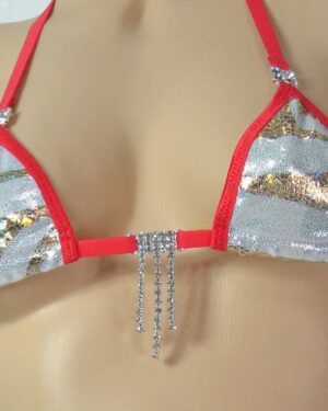 Mini Micro Bikini w/Rhinestones!-Choice of bottom- Gold Paisley Holographic Foil on White/Silver Mystique-Trimmed in Red- S/M