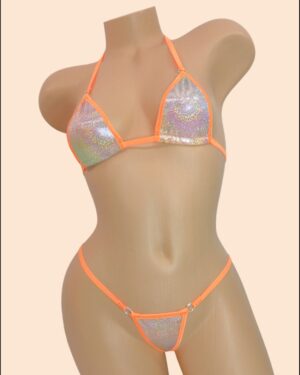 Micro G-String in Pastel Tie Dye Holographic Mystique trimmed in Neon Orange-S/M