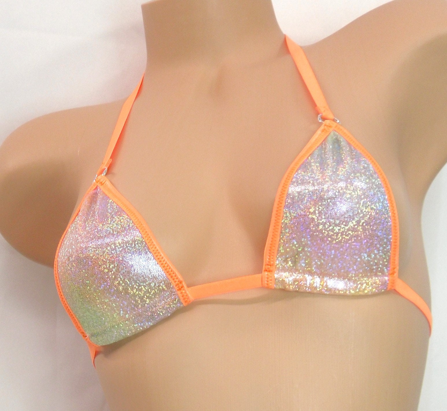 Micro G-String in Pastel Tie Dye Holographic Mystique trimmed in Neon Orange-S/M - Image 2