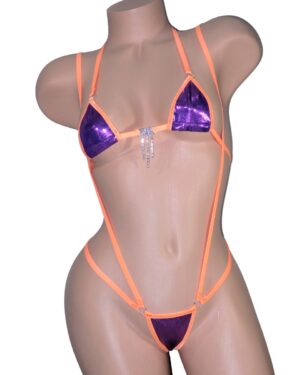 Mini Micro Slingshot G-String Combo-Purple (Grape) Mystique-Orange Trim and a Rhinestone-S/M