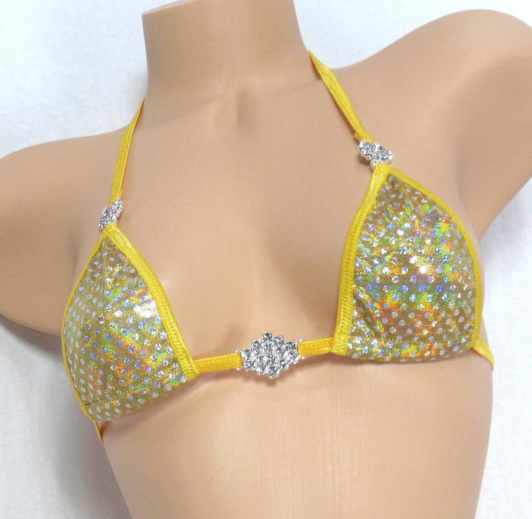 Micro G-string Bikini w/Rhinestones!- Gold Mystique with Silver Dots trimmed in Gold S/M