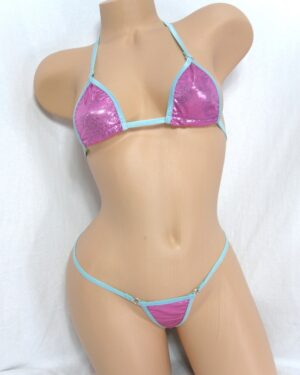 Micro Bikini-CHOICE of Bottom-Dusty Pink Mystique trimmed in Turquoise-S/M