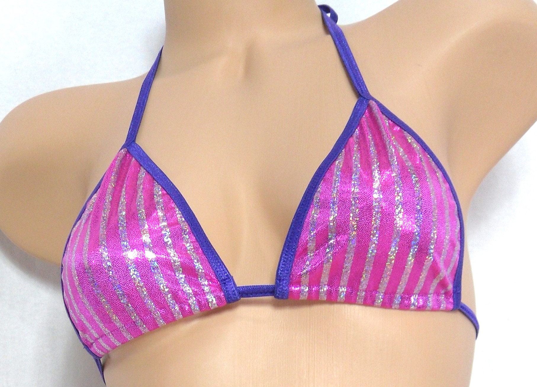 Princess Top w/Side Tie Thong-Hot Pink and Silver Stripe Mystique-Purple Trim-S/M