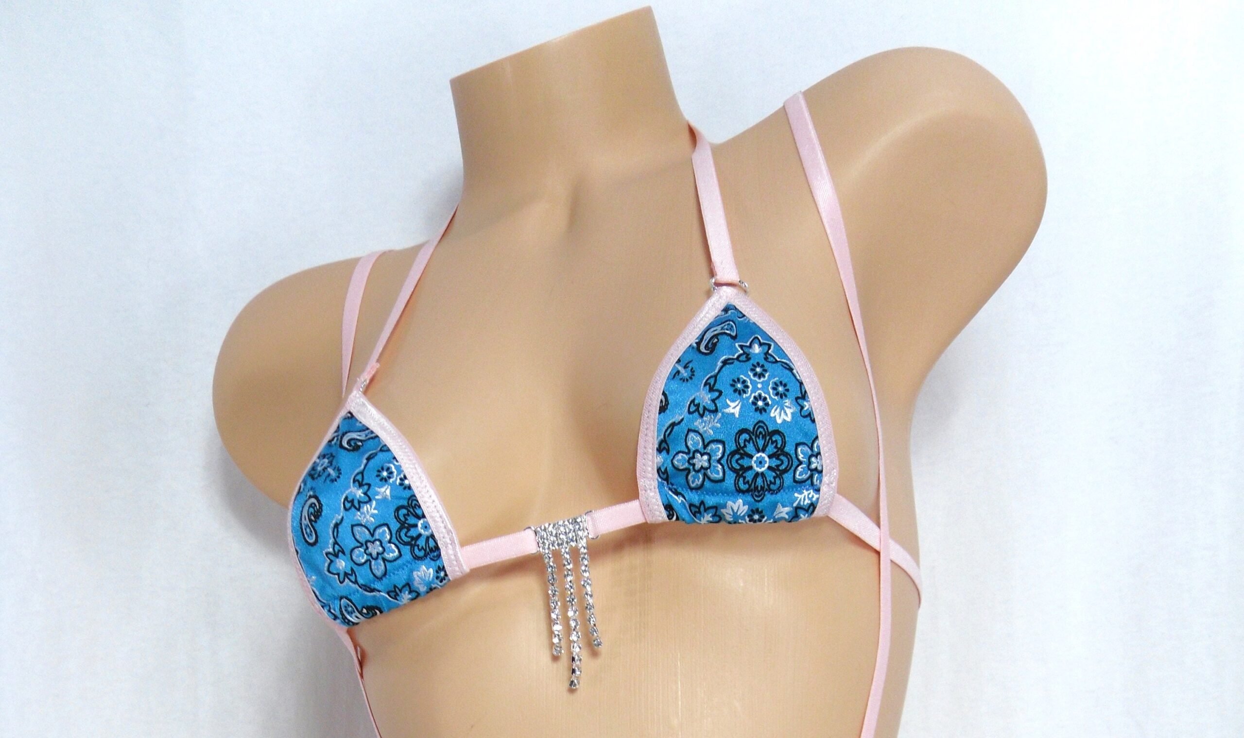 Mini Micro Slingshot G-String Combo Bikini-Turquoise Bandana with Light Pink Trim-S/M - Image 2