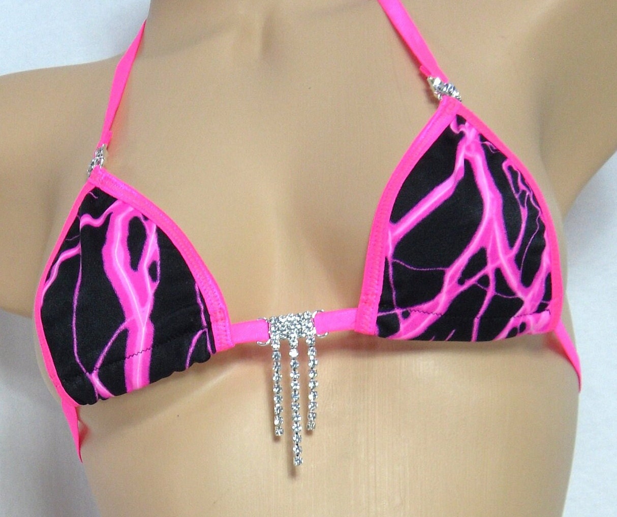 Micro Bikini w/RHINESTONES! Choice of G-string- Hot Pink Lightning with pink trim S/M - Image 3