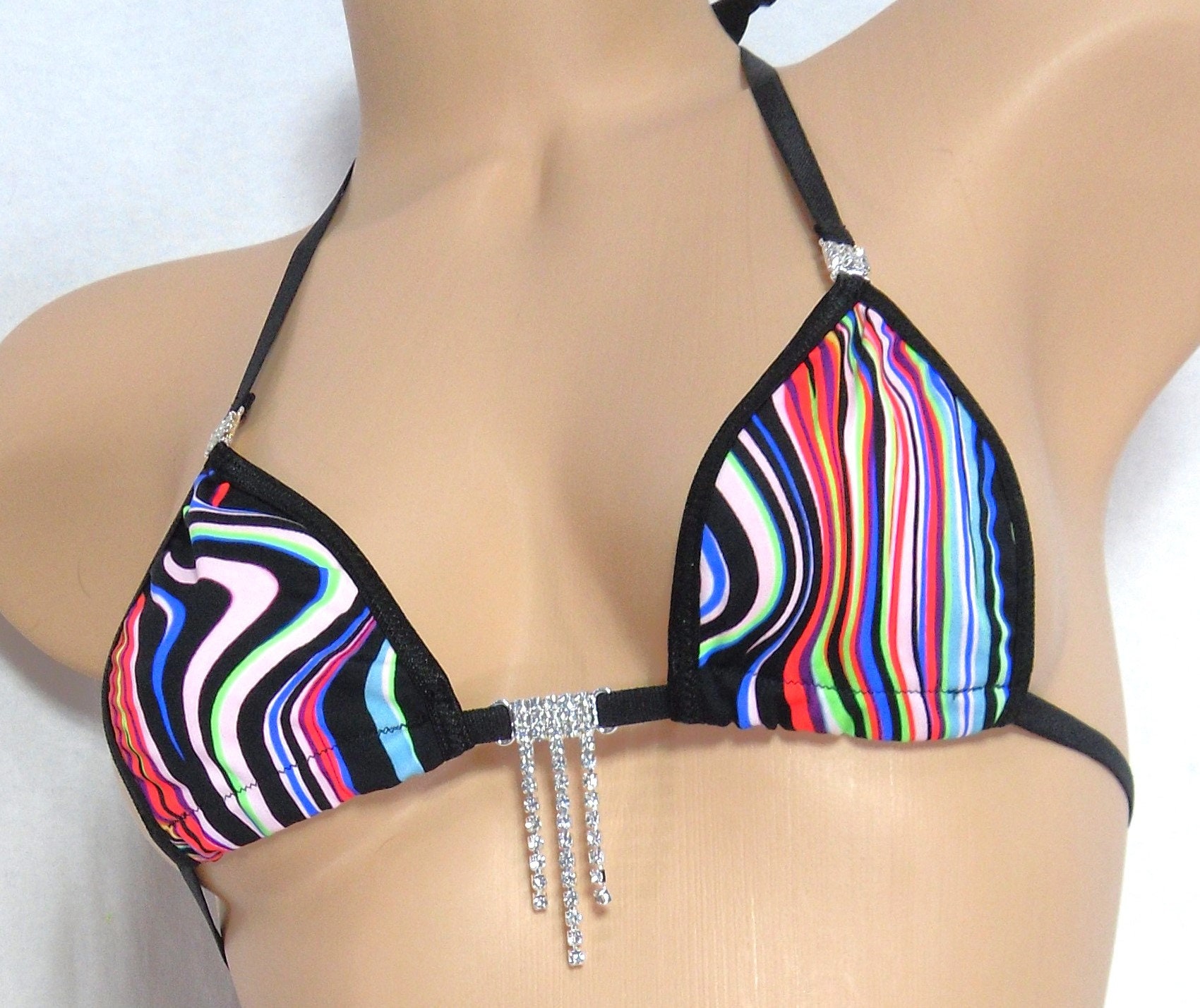 Sexy Micro Bikini with RHINESTONES! Black with multi-color wavy lines with black trim S/M - Image 3