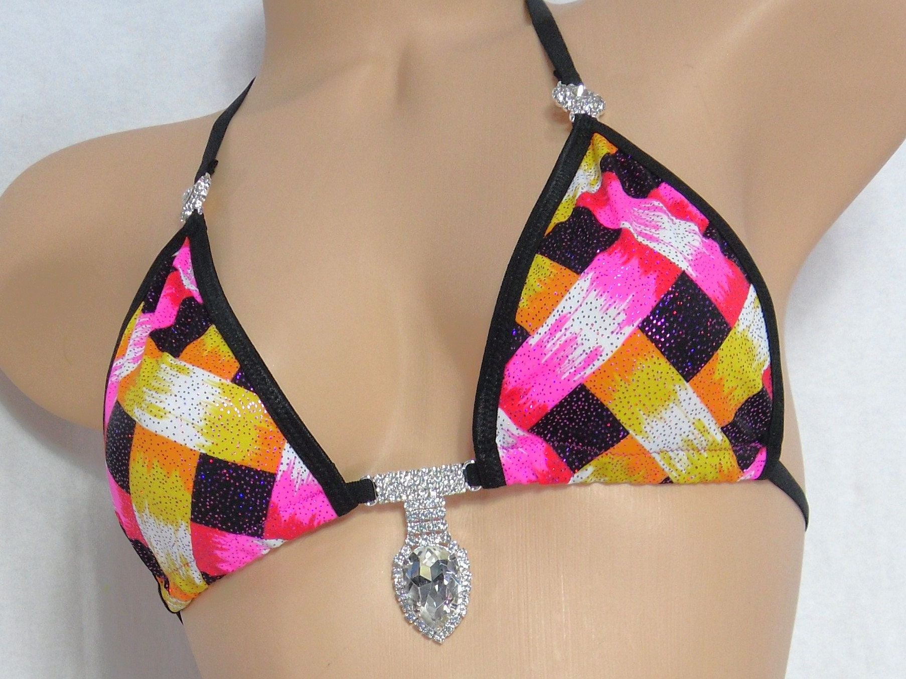 Princess G-String Bikini with RHINESTONES! Pink, Purple and Gold Basket Weave with Black Trim-S/M