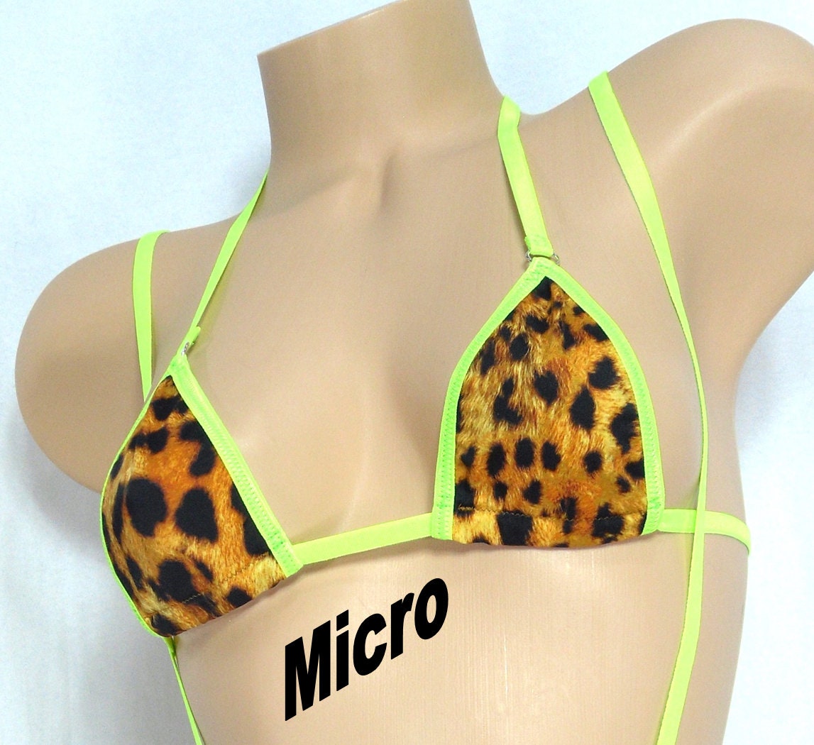 Slingshot Bikini w/CHOICE of top- Cheetah print- Neon Green Trim-S/M - Image 4