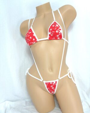 Micro Slingshot G-string Combo Bikini- White Sparrows on Red trimmed in white S/M