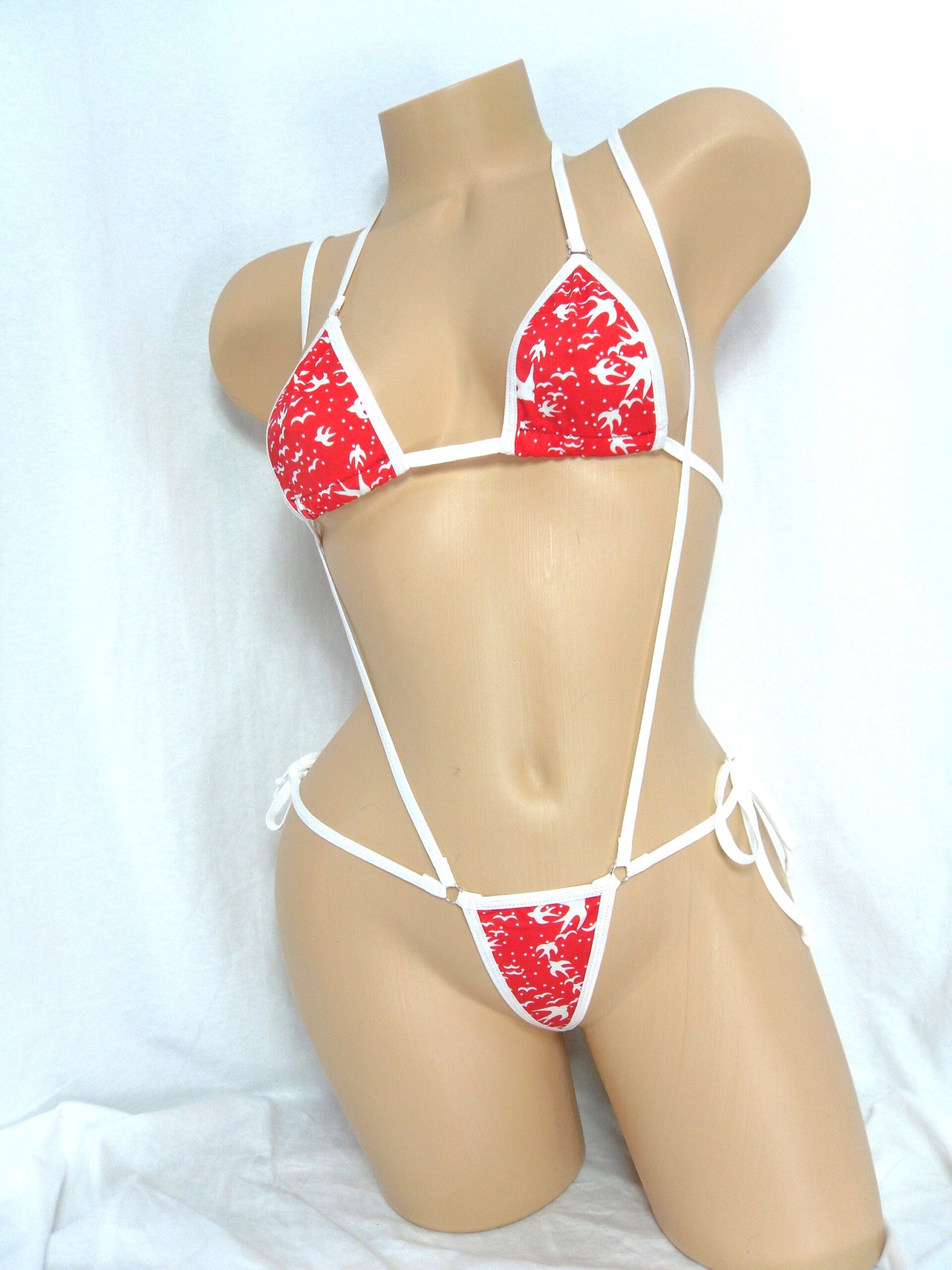 Micro Slingshot G-string Combo Bikini- White Sparrows on Red trimmed in white S/M