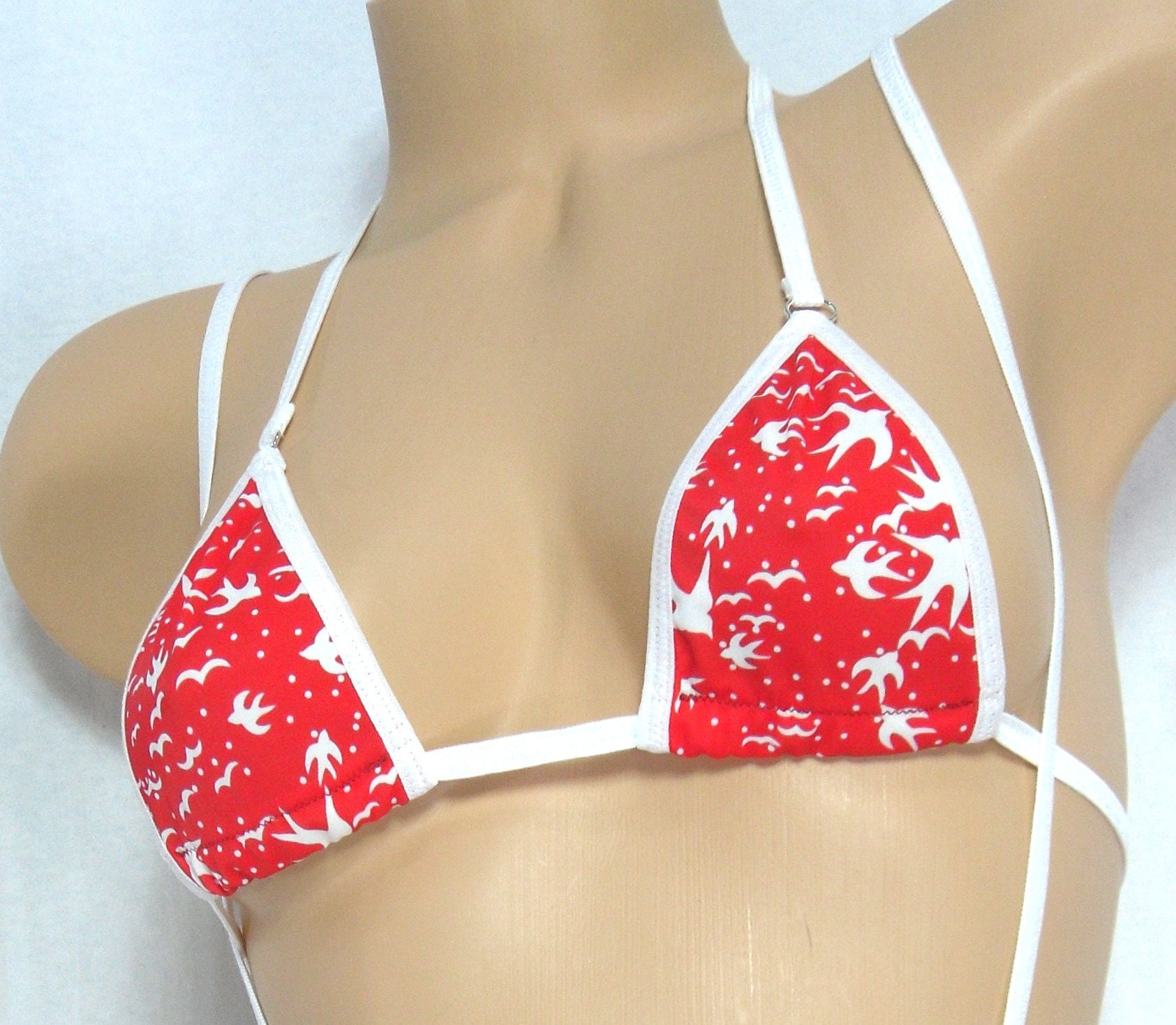 Micro Slingshot G-string Combo Bikini- White Sparrows on Red trimmed in white S/M - Image 3