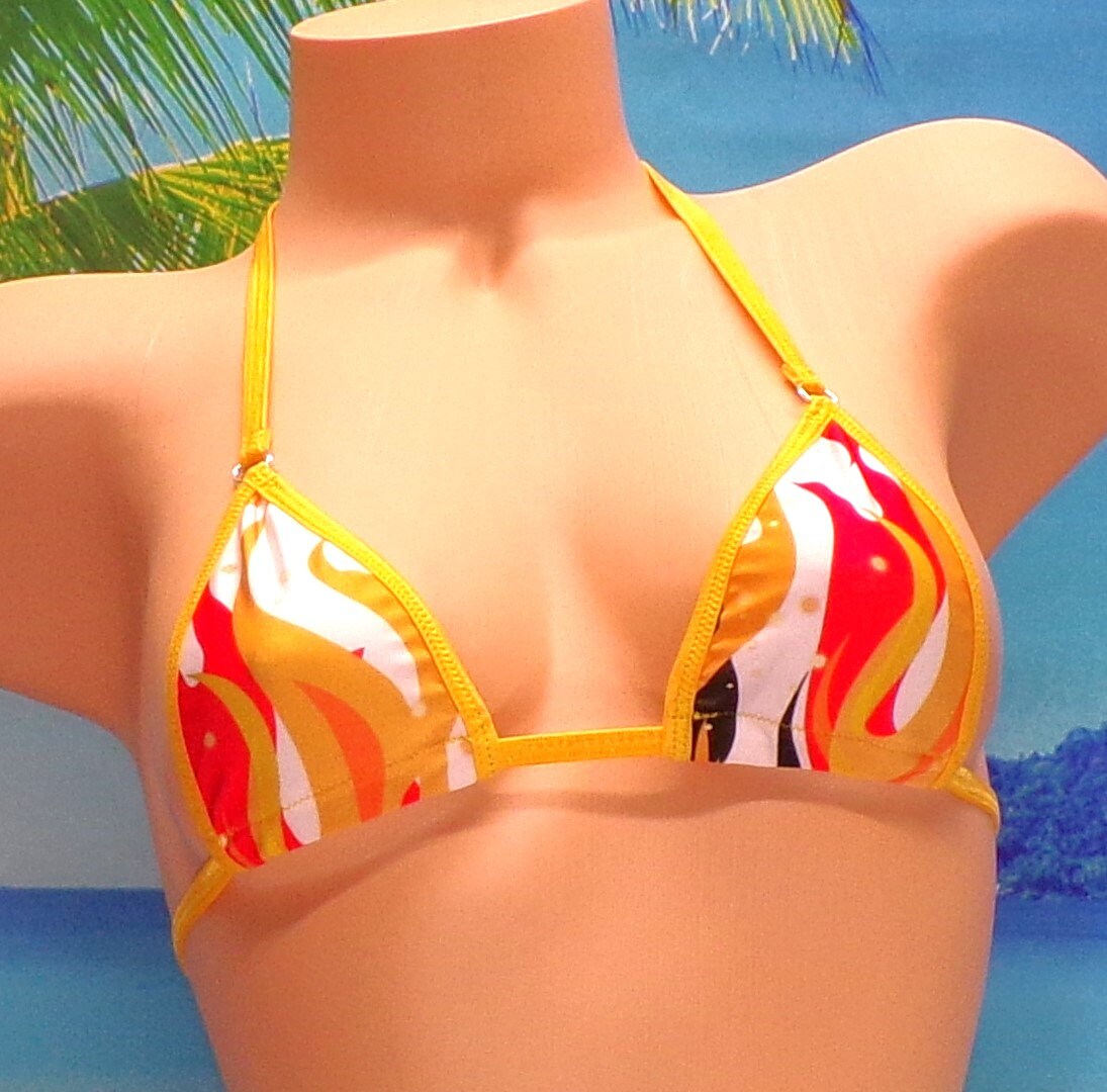 Micro G-string Bikini- Gold, Red and Black Flames trimmed in Gold S/M - Image 2
