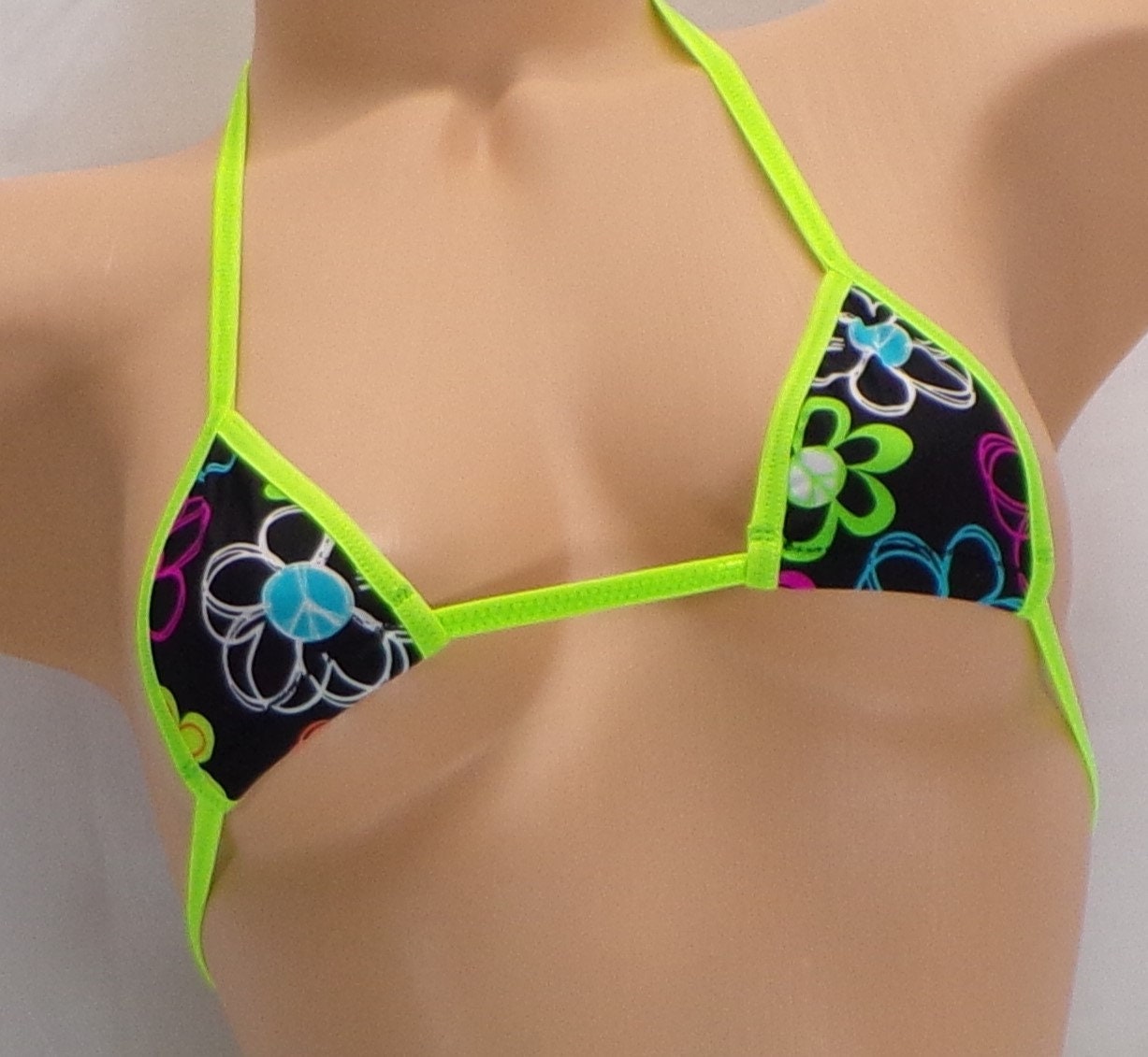 Mini Micro Side Tie G-string Bikini- Neon Wild Daises- Neon Green Trim-S/M