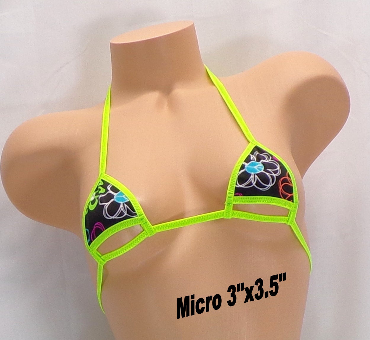 Side Tie G-string Bikini-CHOICE of Peak a Boo Top- Neon Wild Daises- Neon Green Trim-S/M - Image 3