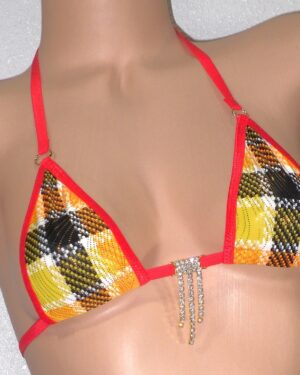 Micro G-String Bikini- Yellow, Orange, Black and White Plaid with Gold Dots-Red Trim-S/M