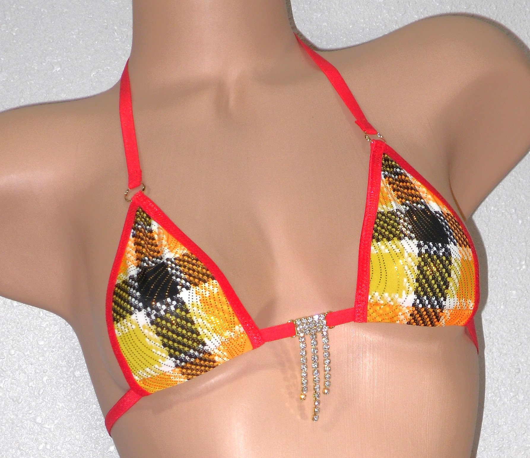 Micro G-String Bikini- Yellow, Orange, Black and White Plaid with Gold Dots-Red Trim-S/M