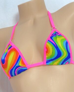 Micro G-String Bikini-  Wavy Rainbow with Hot Pink Trim
