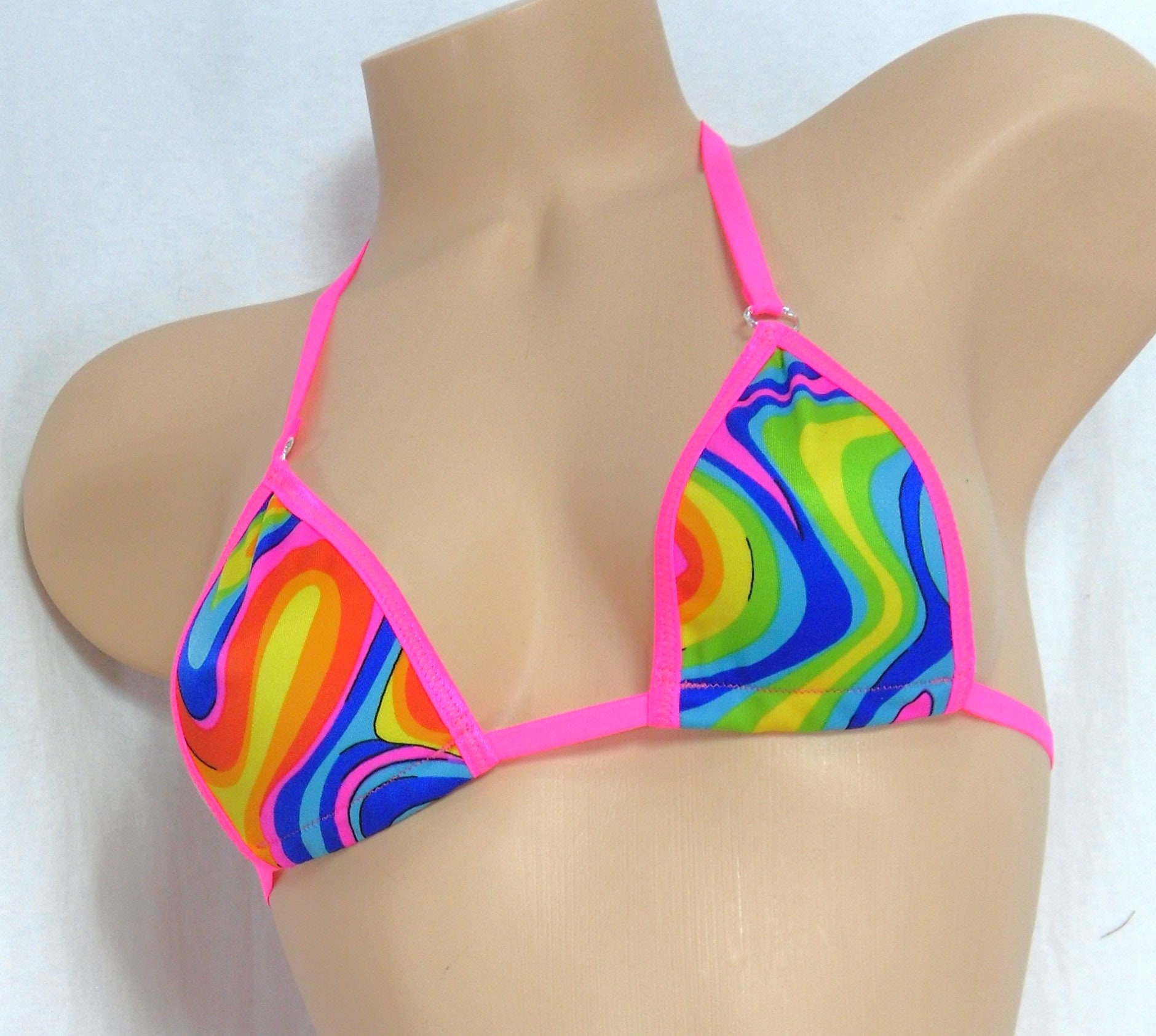Micro G-String Bikini- Wavy Rainbow with Hot Pink Trim