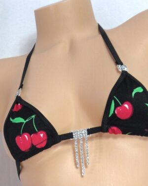 Mini Micro Bikini w/ RHINESTONES! CHOICE of G-String-Black with Cherries trimmed in Black S/M