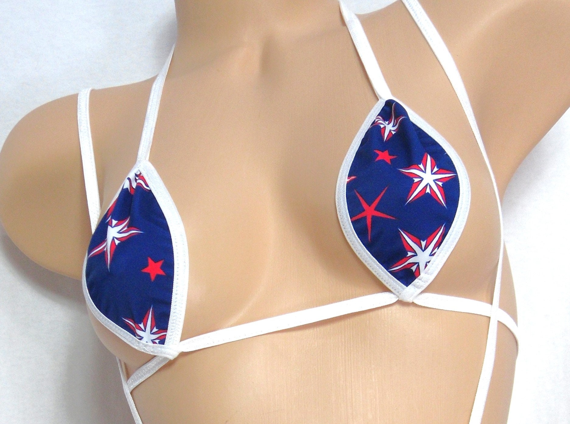 Teardrop Slingshot Bikini- Navy with Red/White stars trimmed in white S/M