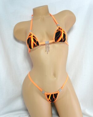 Mini Micro Bikini w/RHINESTONES! G-String- Yellow and Orange Lightning with Neon Orange Trim S/M