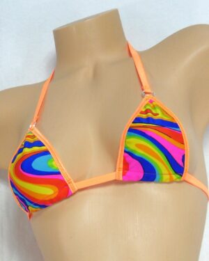 Micro G-String Bikini-  Wavy Rainbow with Orange trim-S/M