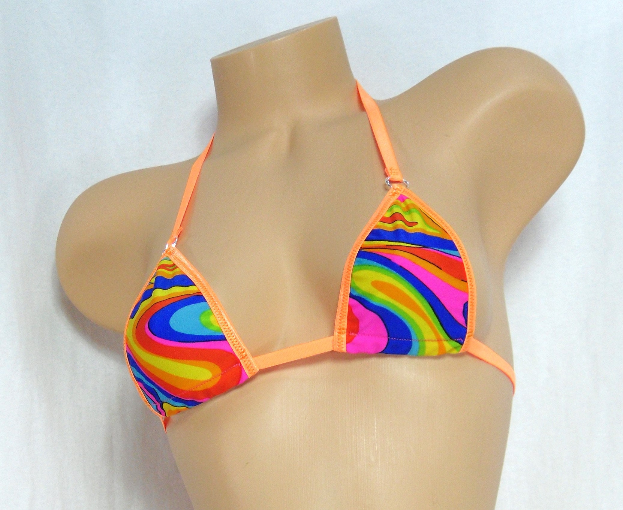 Micro G-String Bikini- Wavy Rainbow with Orange trim-S/M