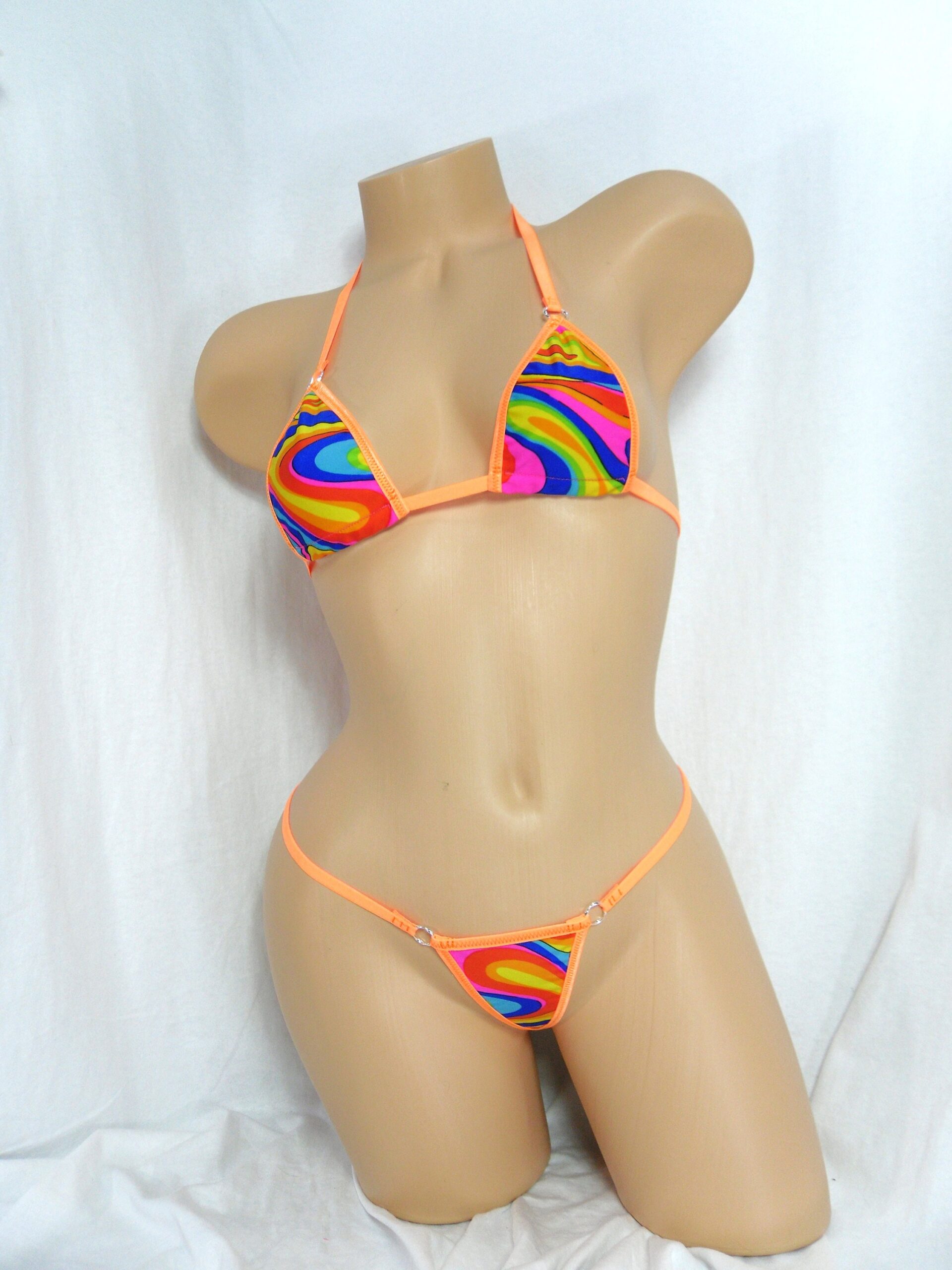 Micro G-String Bikini- Wavy Rainbow with Orange trim-S/M - Image 2
