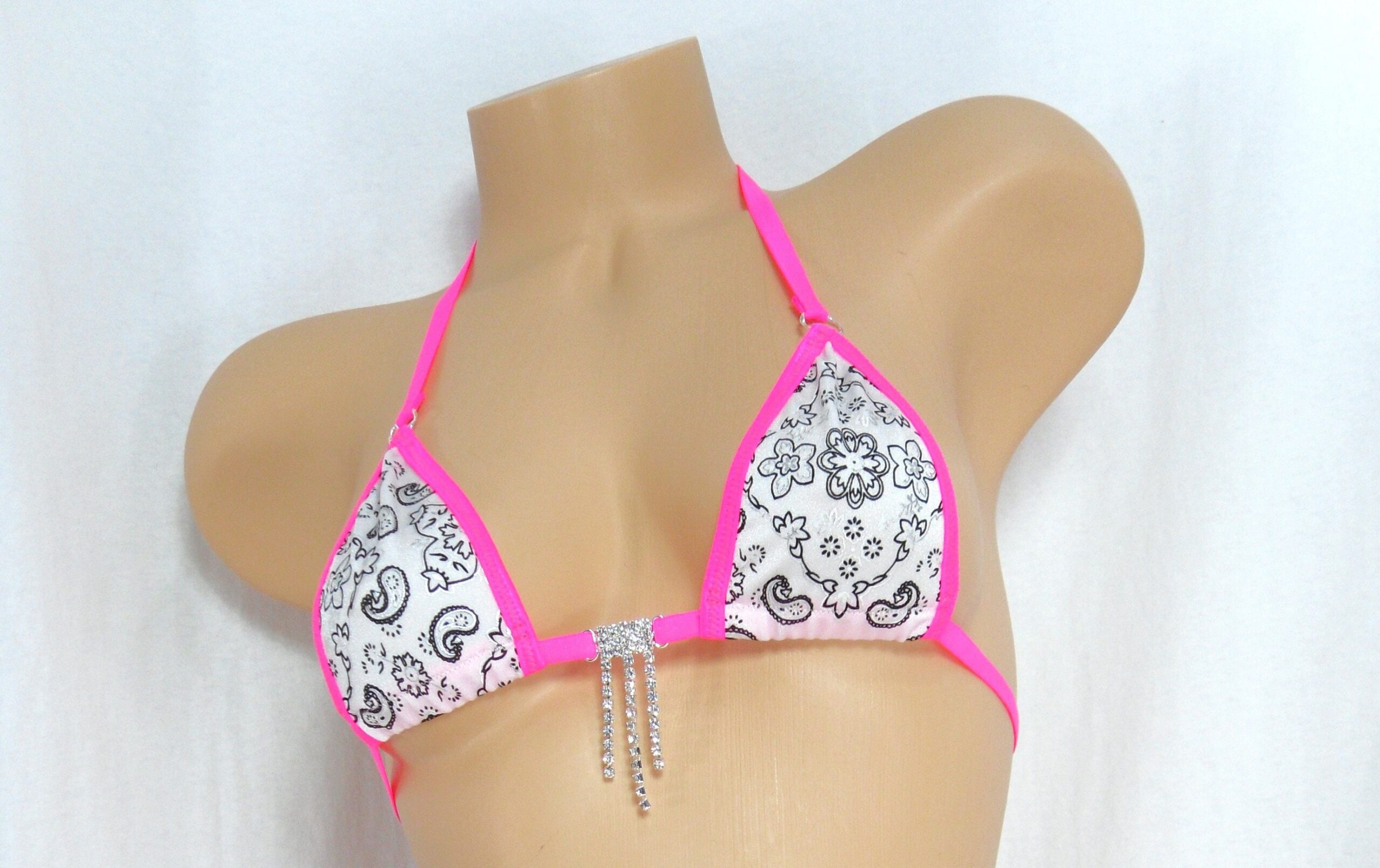 Micro G-String Bikini-White Bandana with Hot Pink Trim-S/M
