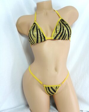 Princess G-string Bikini- Gold Holographic with Black Velvet Flocking and Glitter Dots trimmed in Gold S/M