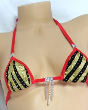 Mini Micro Bikini w/RHINESTONES! G-String- Light Gold Holographic with Black Velvet Flocking and Glitter Dots with Red Trim S/M