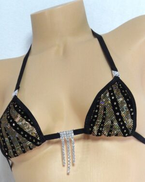 Mini Micro Bikini w/RHINESTONES! G-String- Gold on black holographic with black velvet flocking and glitter dots with black trim s/m