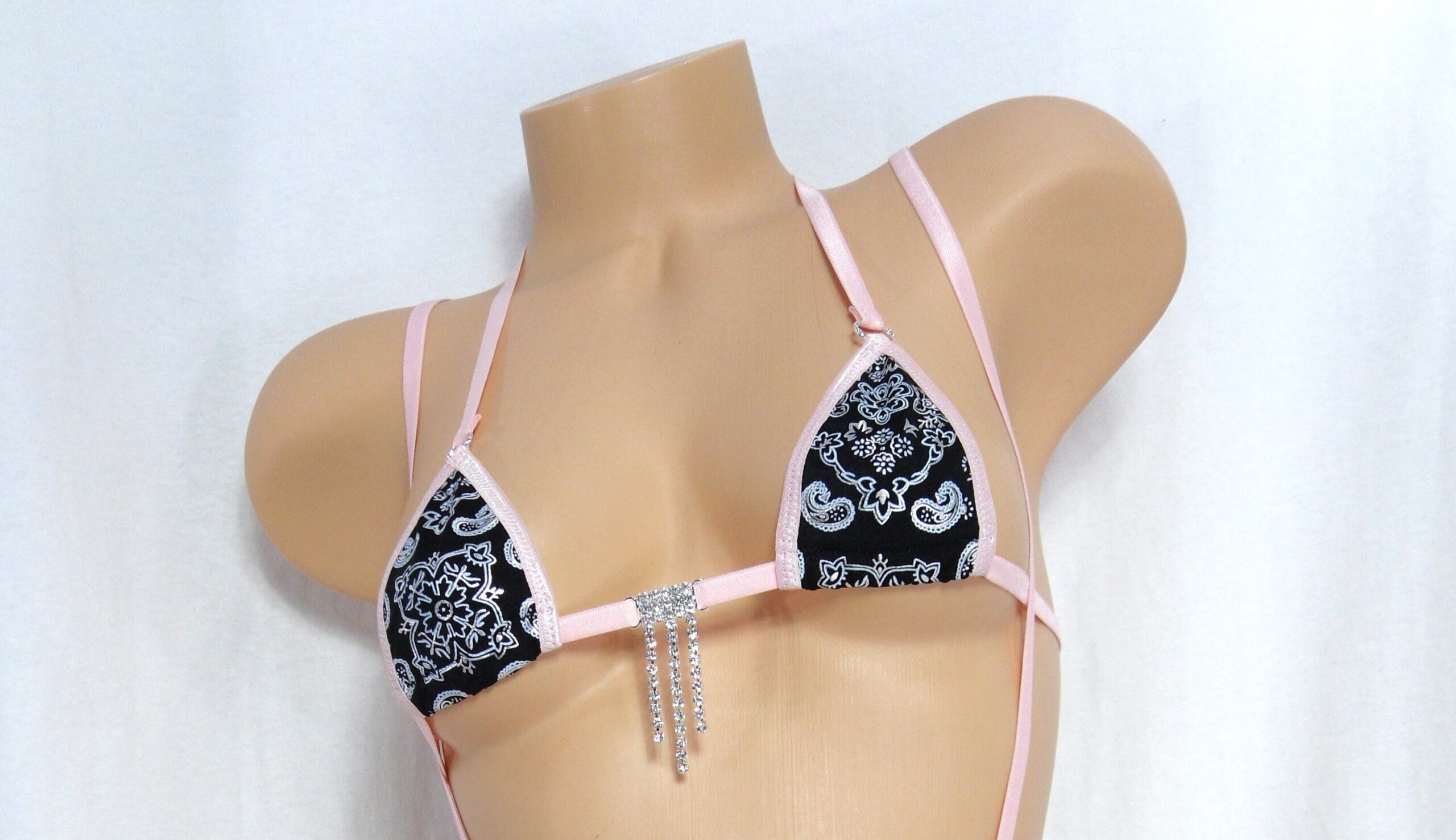Mini Micro Slingshot G-String Combo Bikini-Black Bandana with Light Pink Trim-S/M - Image 2