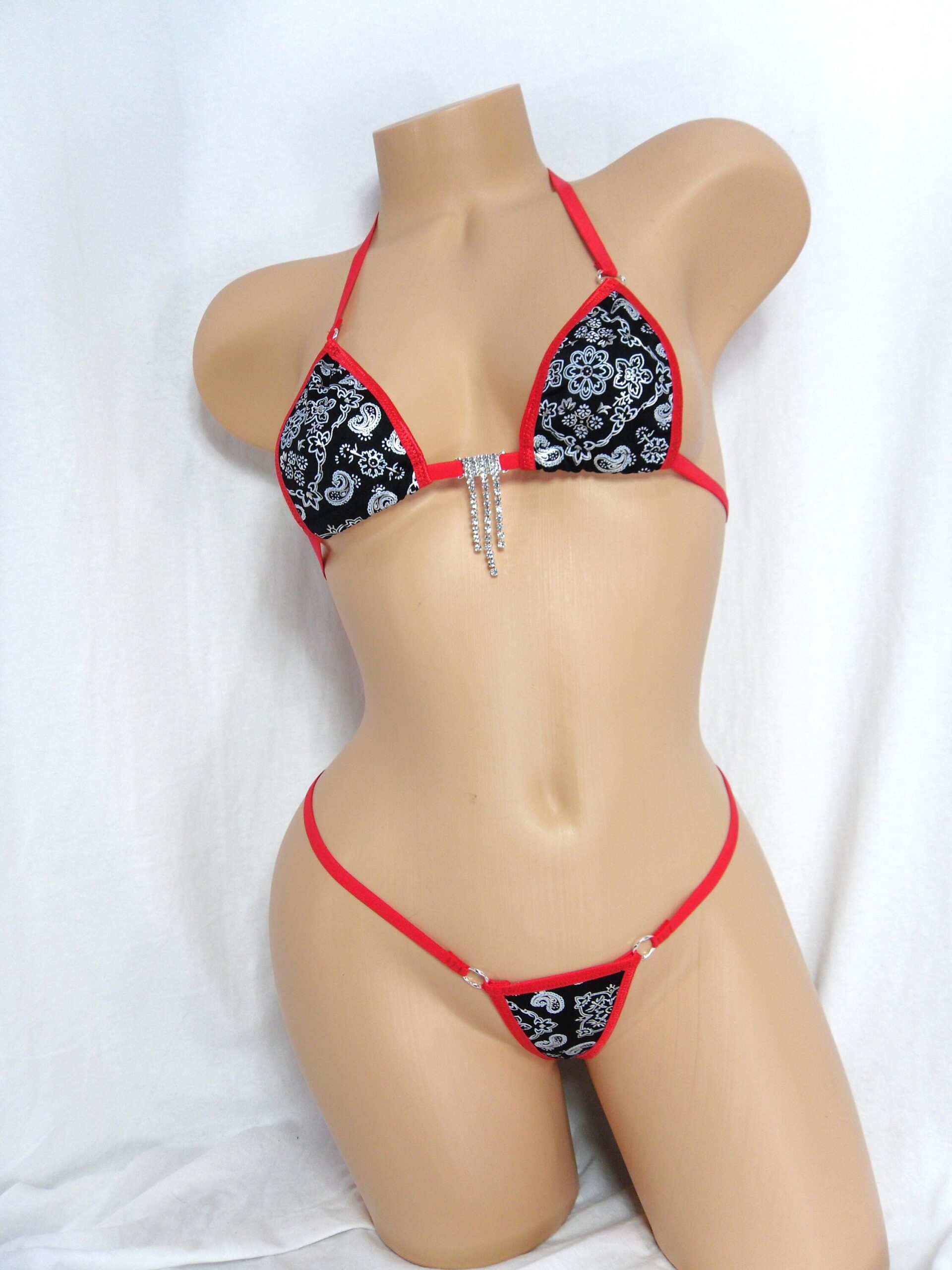 Micro G-String Bikini-Black Bandana with Red Trim-S/M - Image 2