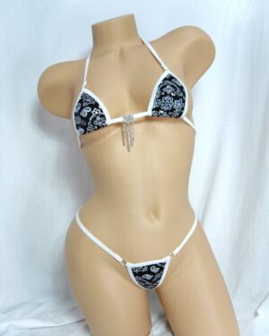 Mini Micro G-String Bikini-Black Bandana with White Trim-S/M