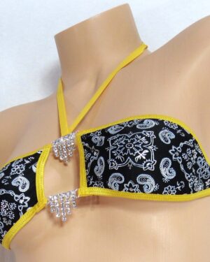 Extended Triangle Back Thong w/Princess Bandeau Top-Black Bandana with Gold Trim- S/M