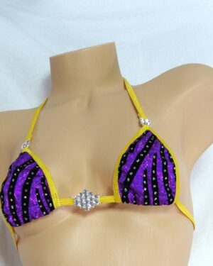 Micro Bikini w/RHINESTONES! G-String- Purple holographic with black velvet flocking and glitter dots with gold trim s/m