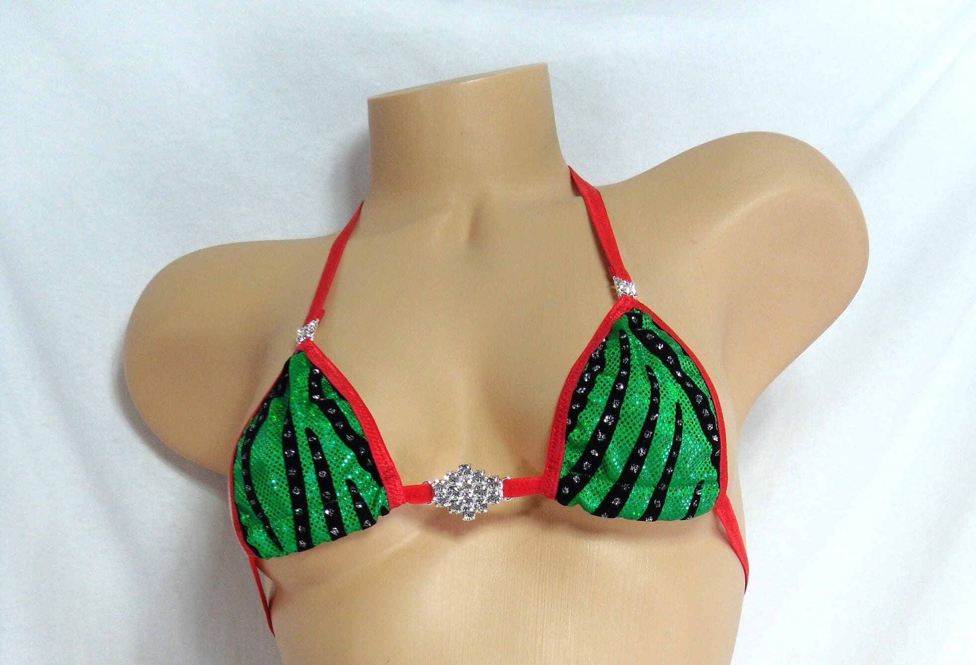 Micro G-String Bikini with RHINESTONES! Green holographic with black flocking and glitter dots with red trim S/M - Image 2