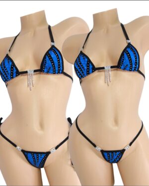 Mini Micro Bikini w/RHINESTONES! CHOICE of G-String-Blue holographic with black velvet flocking and glitter dots with black trim s/m