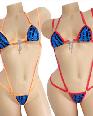 Mini Micro Slingshot/G-String Combo-Blue Shattered Glass Holographic with Black Velvet Flocking and Glitter Dots-Red or Orange Trim-S/M