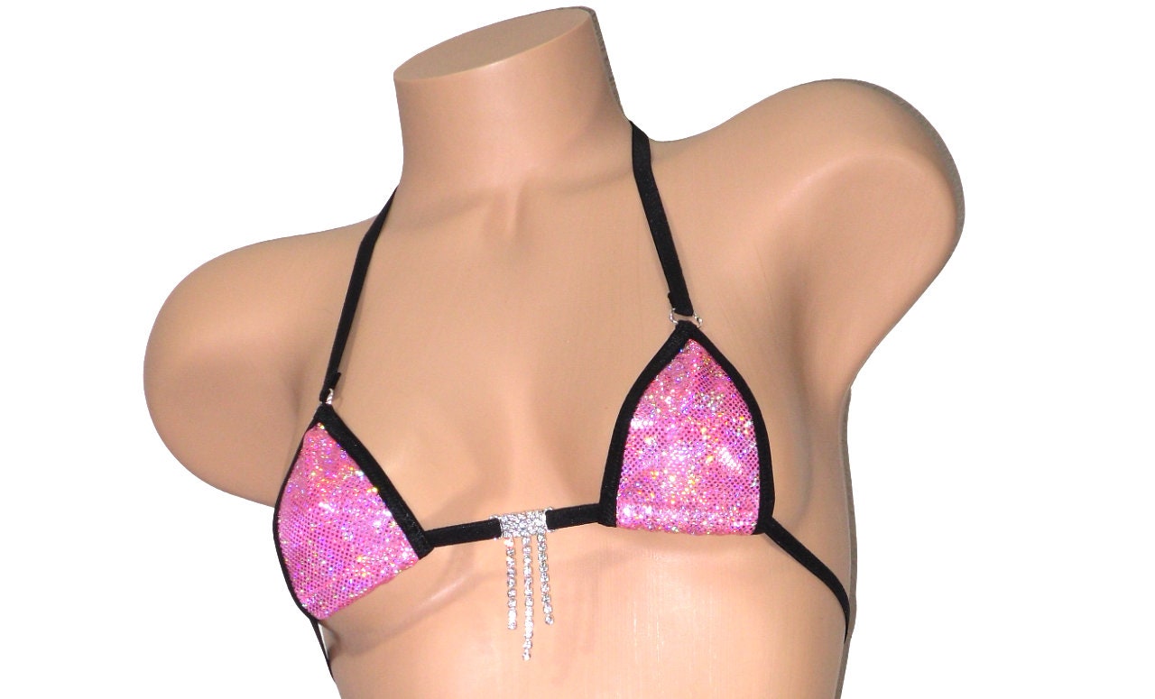 Mini Micro G-String Bikini- Pink Holographic w/Black Trim- S/M
